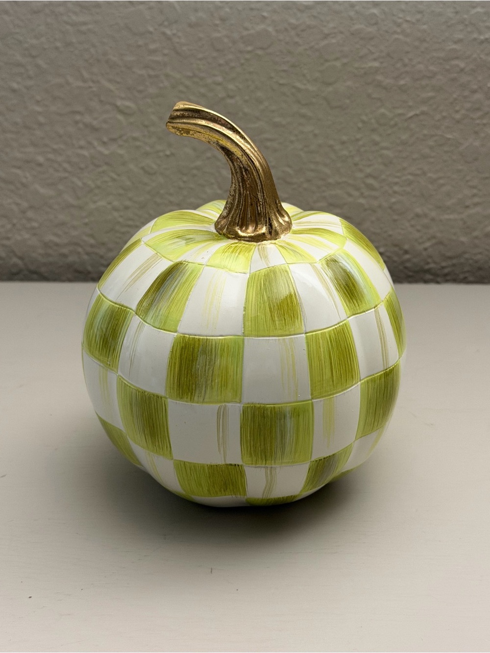 Mackenzie Childs Moss Green Check Mini Pumpkin Resin Gold 6 inch Fall Decor